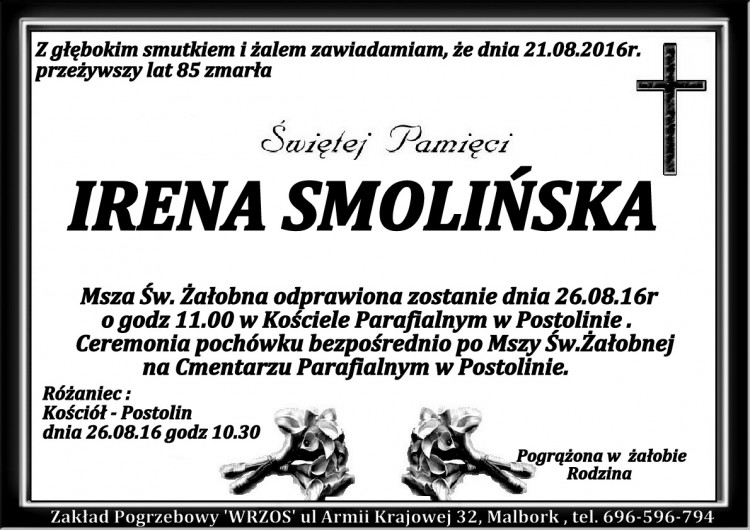 Zmarła Irena Smolińska, Żyła 85 lat.