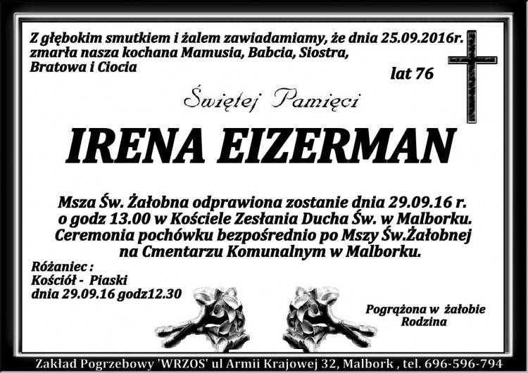 Zmarła Irena Eizerman. Żyła 76 lat.