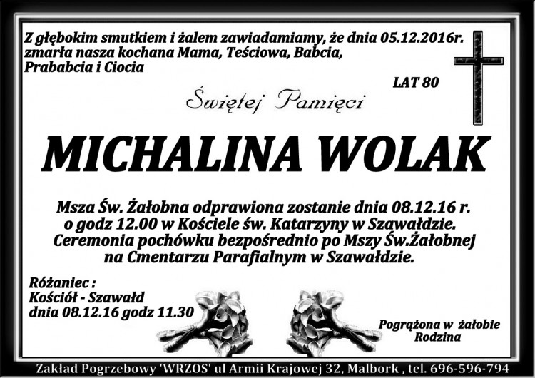 Zmarła Michalina Wolak. Żyła 80 lat.