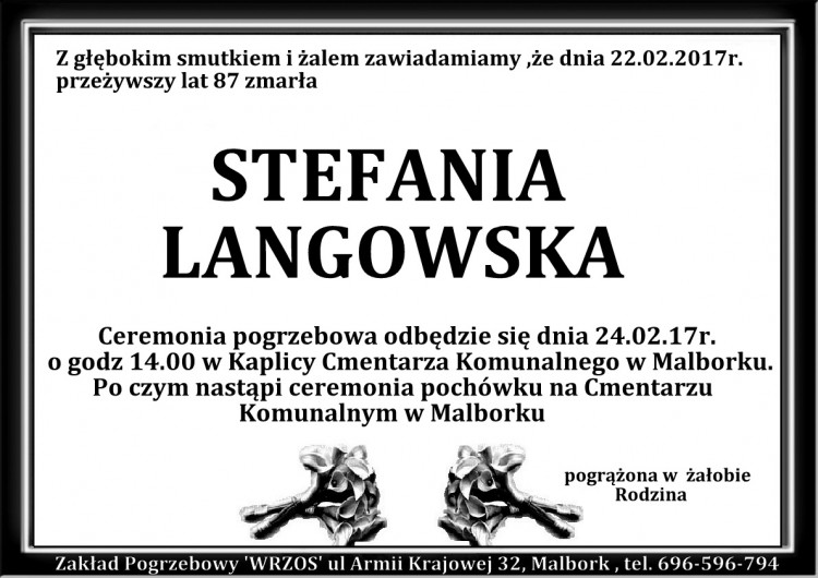 Zmarła Stefania Langowska. Żyła 87 lat.