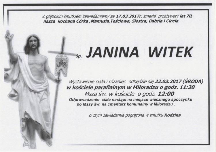 Zmarła Janina Witek. Żyła 70 lat.
