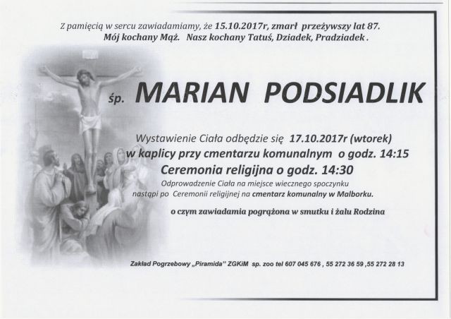 Zmarł Marian Podsiadlik. Żył 87 lat.