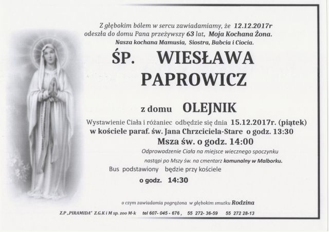 Zmarła Wiesława Paprowicz. Żyła 63 lat.