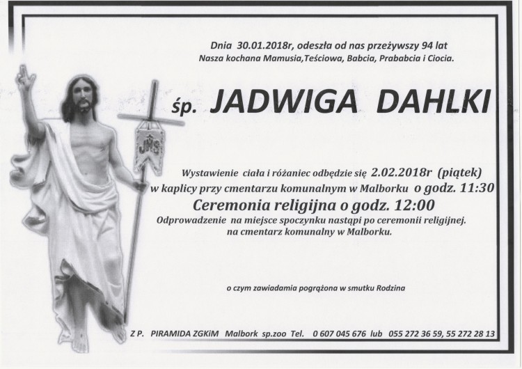 Zmarła Jadwiga Dahlki. Żyła 94 lata.