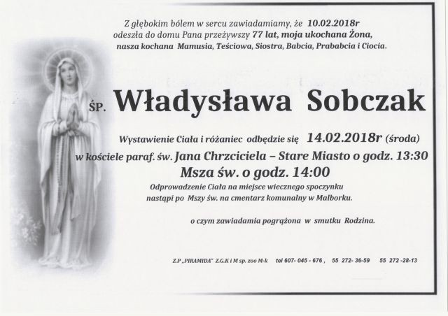 Zmarła Władysława Sobczak. Żyła 77 lat.