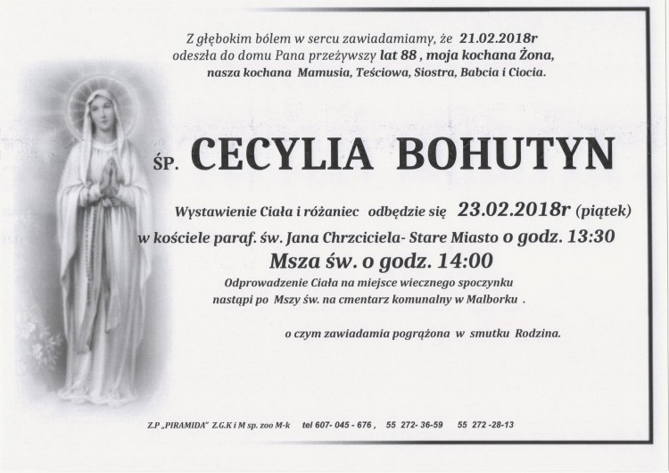 Zmarła Cecylia Bohutyn. Żyła 88 lat. 
