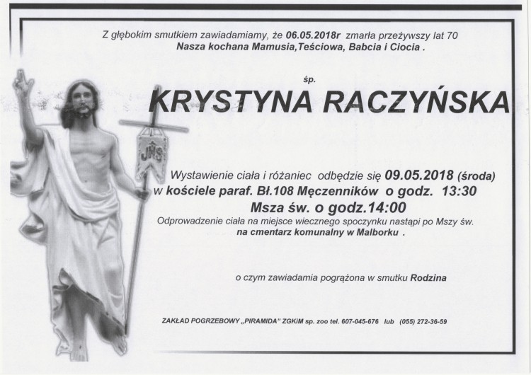Zmarła Krystyna Raczyńska. Żyła 70 lat.