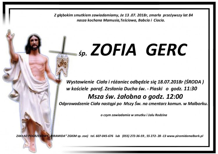 Zmarła Zofia Gerc. Żyła 84 lata.