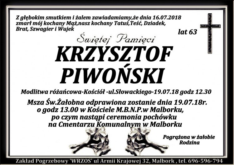 Zmarł Krzysztof Piwoński. Żył 63 lata.
