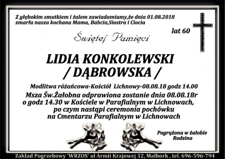 Zmarła Lidia Konkolewski. Żyła 60 lat.