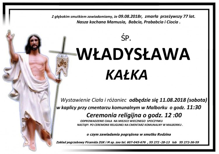Zmarła Władysława Kałka. Żyła 77 lat.
