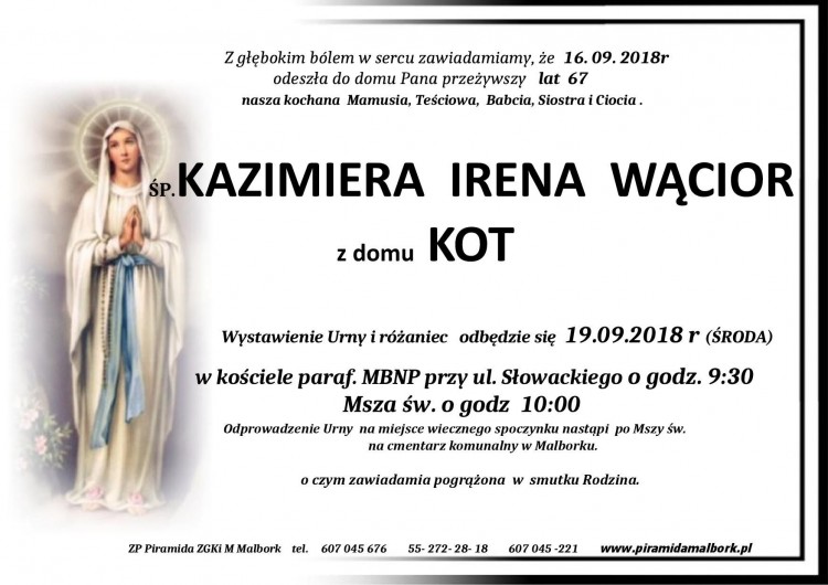 Zmarła Kazimiera Irena Wącior. Żyła 67 lat.