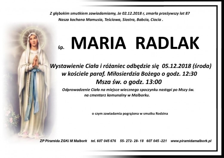 Zmarła Maria Radlak. Żyła 87 lat.