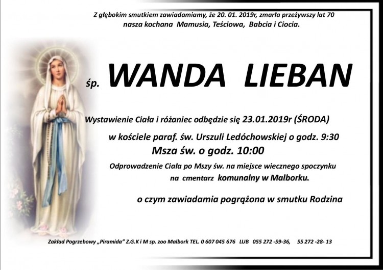 Zmarła Wanda Lieban. Żyła 70 lat.