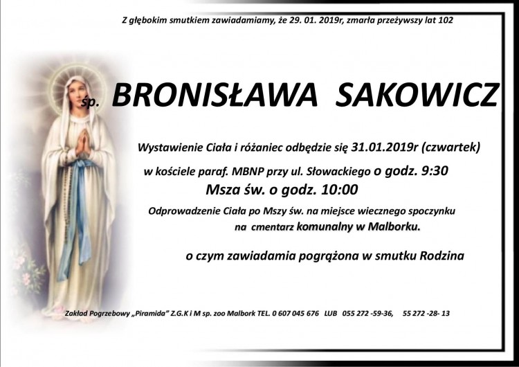 Zmarła Bronisława Sakowicz. Żyła 102 lata.