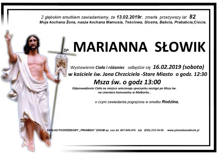 Zmarła Marianna Słowik. Żyła 82 lata.