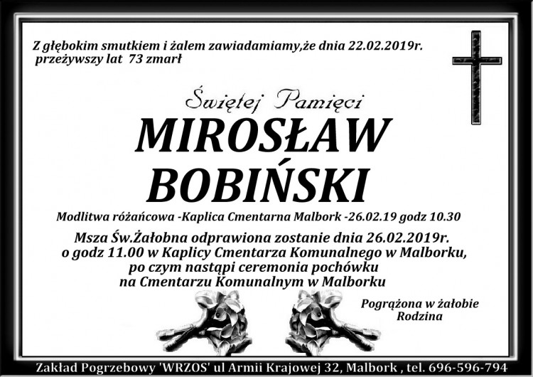 Zmarł Mirosław Bobiński. Żył 73 lata.