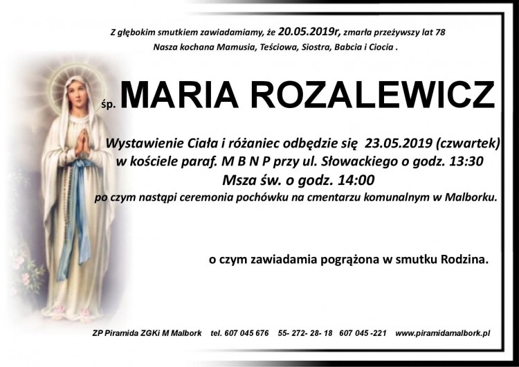 Zmarła Maria Rozalewicz. Żyła 78 lat.