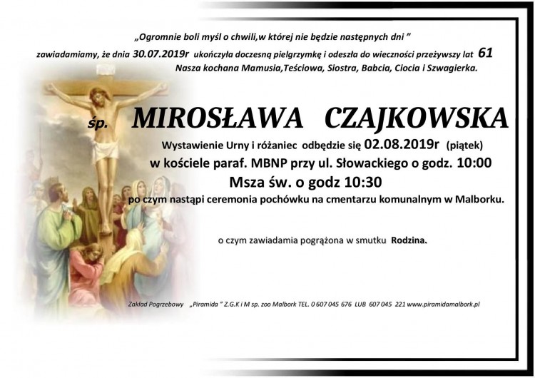 Zmarła Mirosława Czajkowska. Żyła 61 lat
