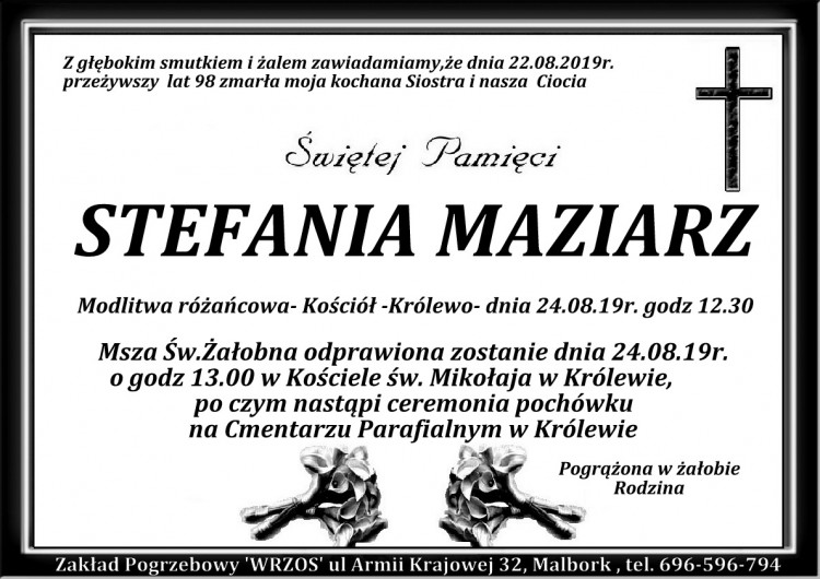 Zmarła Stefania Maziarz. Żyła 98 lat.