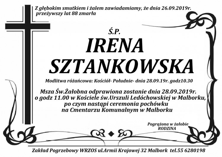 Zmarła Irena Sztankowska. Żyła 88 lat