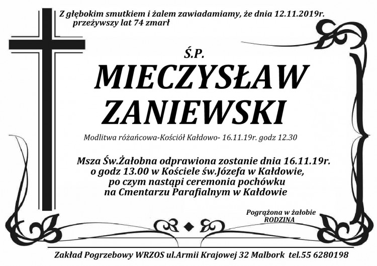 Zmarł Mieczysław Zaniewski. Żył 74 lata.