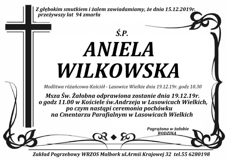Zmarła Aniela Wilkowska. Żyła 94 lata.