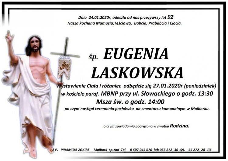 Zmarła Eugenia Laskowska. Żyła 92 lata.