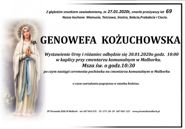 Zmarła Genowefa Kożuchowska. Żyła 69 lat.