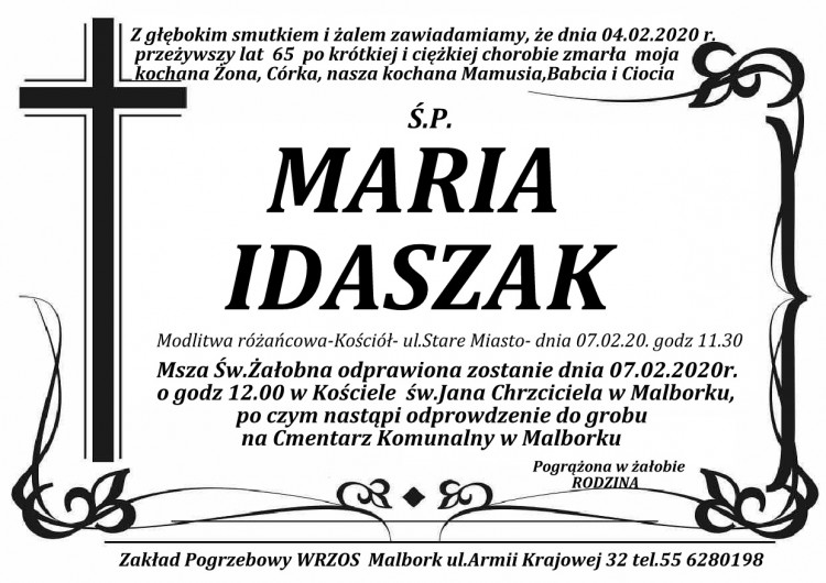 Zmarła Maria Idaszak. Żyła 65 lat.