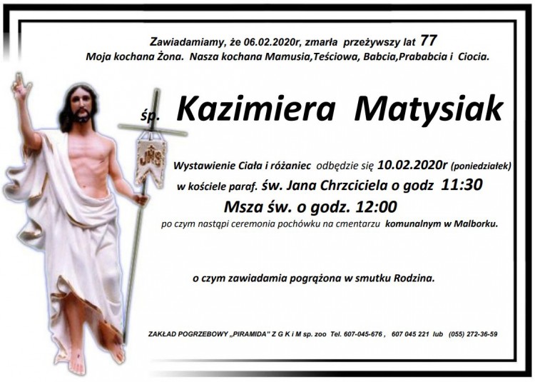 Zmarła Kazimiera Matysiak. Żyła 77 lat.