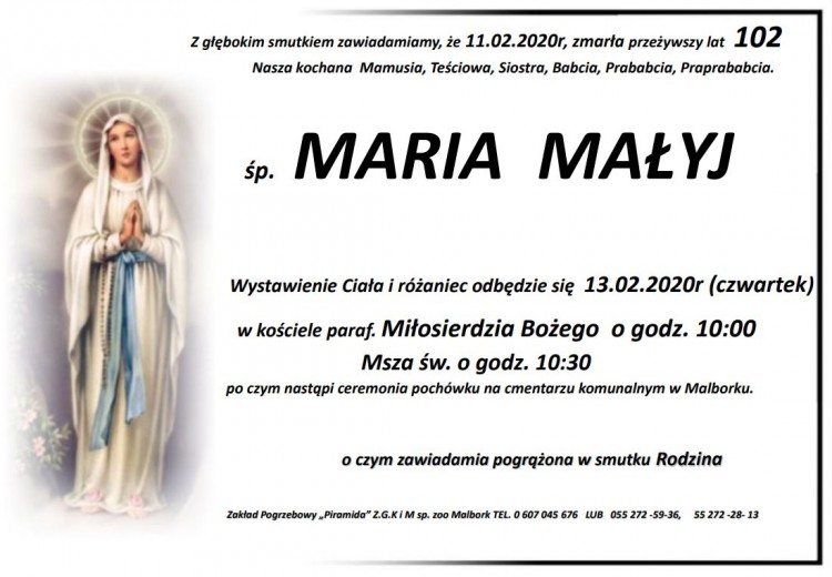 Zmarła Maria Małyj. Żyła 102 lata.