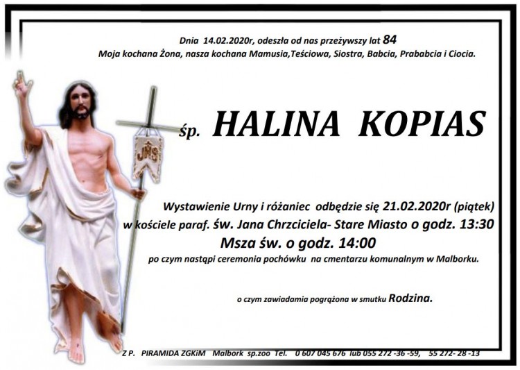 Zmarła Halina Kopias. Żyła 84 lata.
