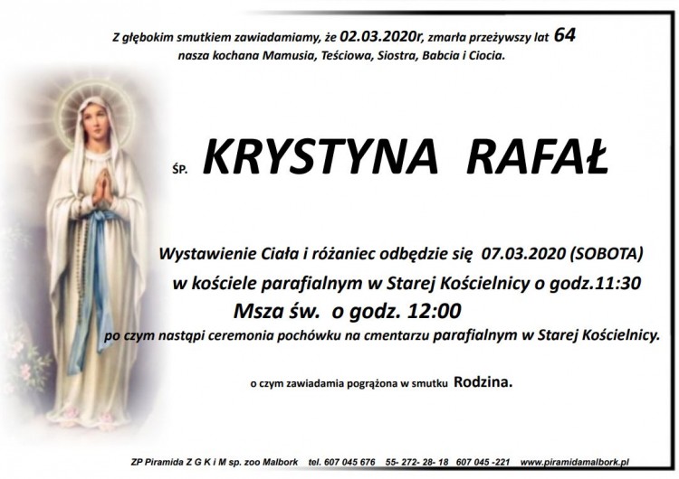 Zmarła Krystyna Rafał. Żyła 64 lata.