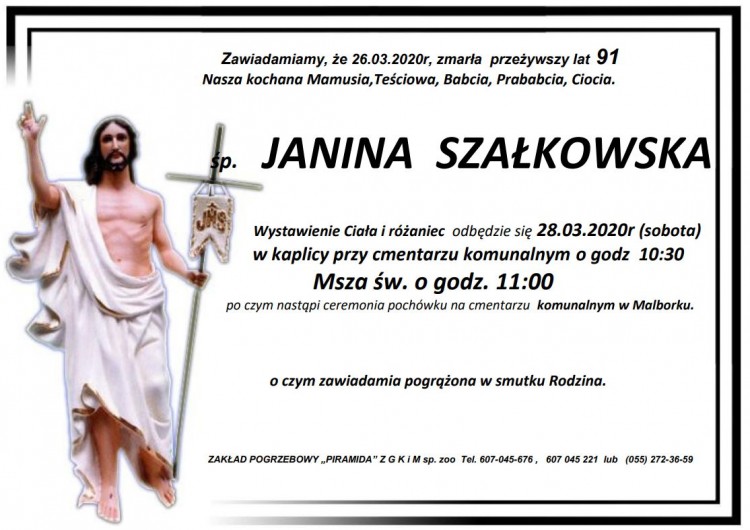 Zmarła Janina Szałkowska. Żyła 91 lat.