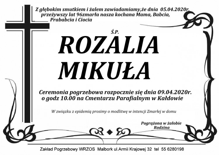 Zmarła Rozalia Mikuła. Żyła 96 lat.