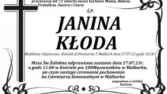 Zmarła Janina Kłoda. Żyła 72 lata.