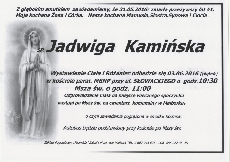 Zmarła Jadwiga Kamińska. Żyła 51 lat.
