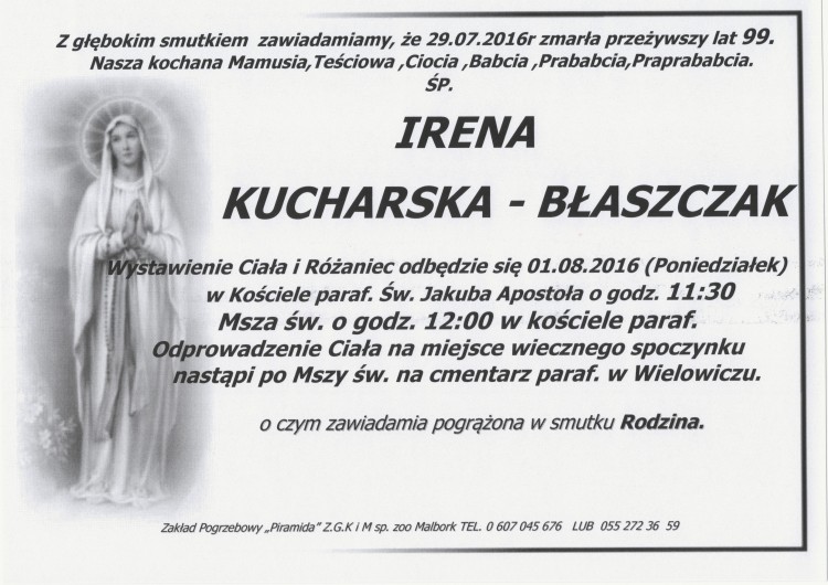 Zmarła Irena Kucharska - Błaszczak. Żyła 99 lat