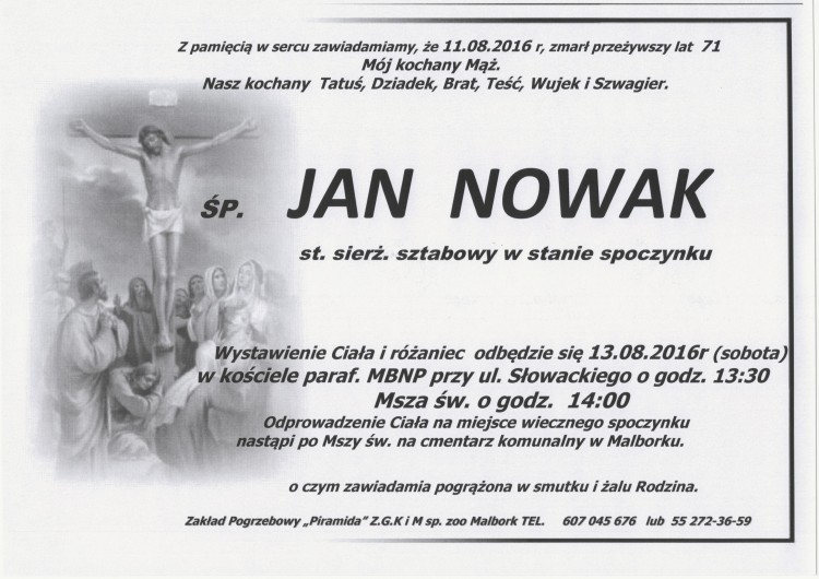 Zmarł Jan Nowak. Żył 71 lat.