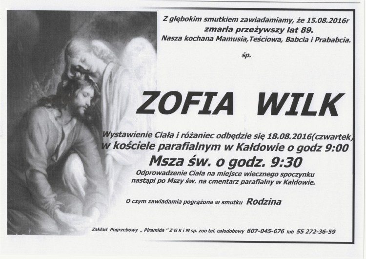 Zmarła Zofia Wilk. Żyła 89 lat.