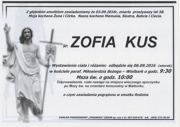 Zmarła Zofia Kus. Żyła 58 lat.
