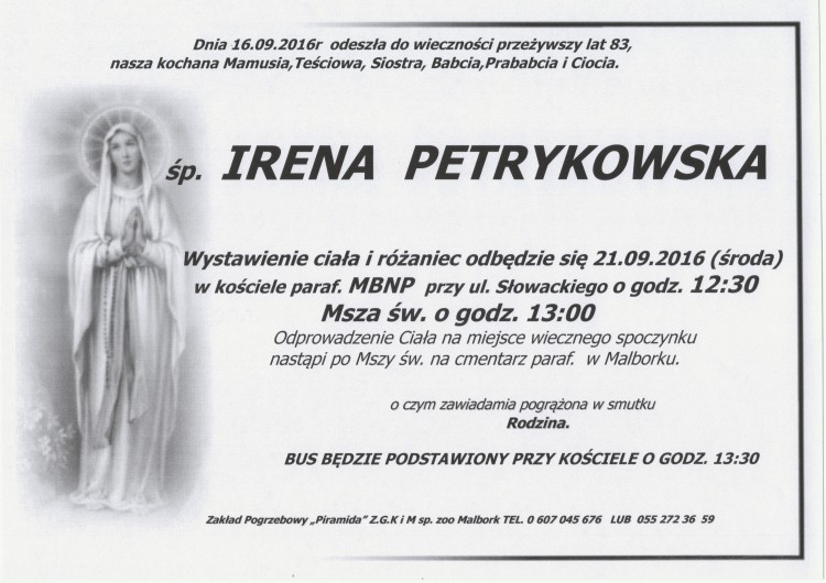 Zmarła Irena Petrykowska. Żyła 83 lata.