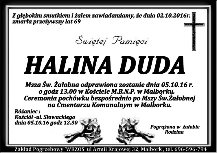 Zmarła Halina Duda. Żyła 69 lat.