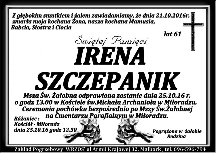 Zmarła Irena Szczepanik. Żyła 61 lat.