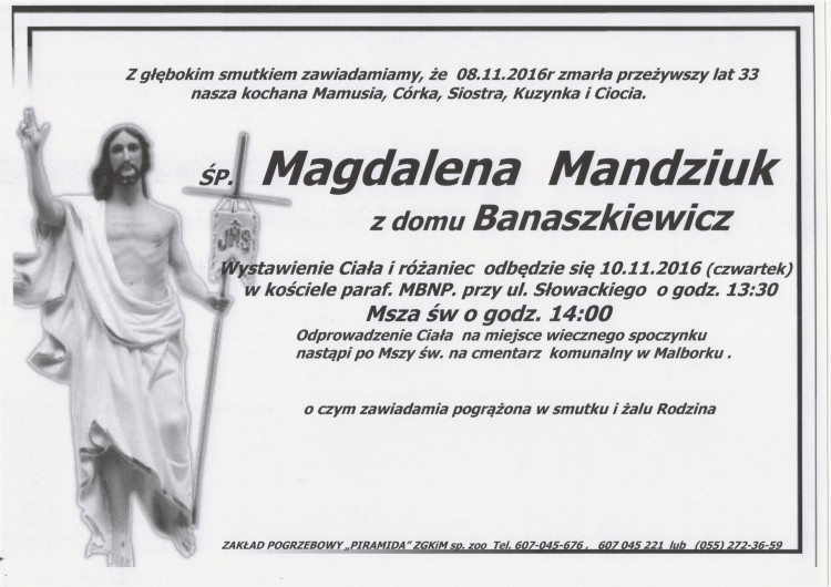 Zmarła Magdalena Mandziuk. Żyła 33 lata.