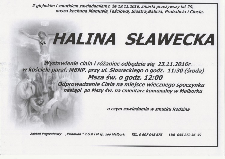 Zmarła Halina Sławecka. Żyła 79 lat.