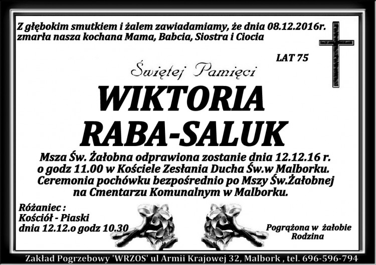 Zmarła Wiktoria Raba - Saluk. Żyła 75 lat.