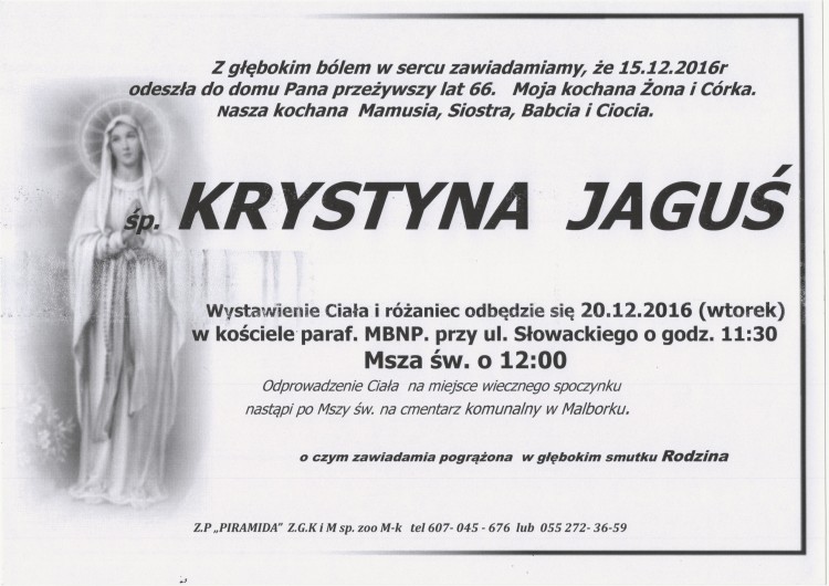 Zmarła Krystyna Jaguś. Żyła 66 lat.
