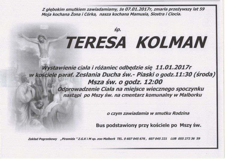 Zmarła Teresa Kolman. Żyła 59 lat.
